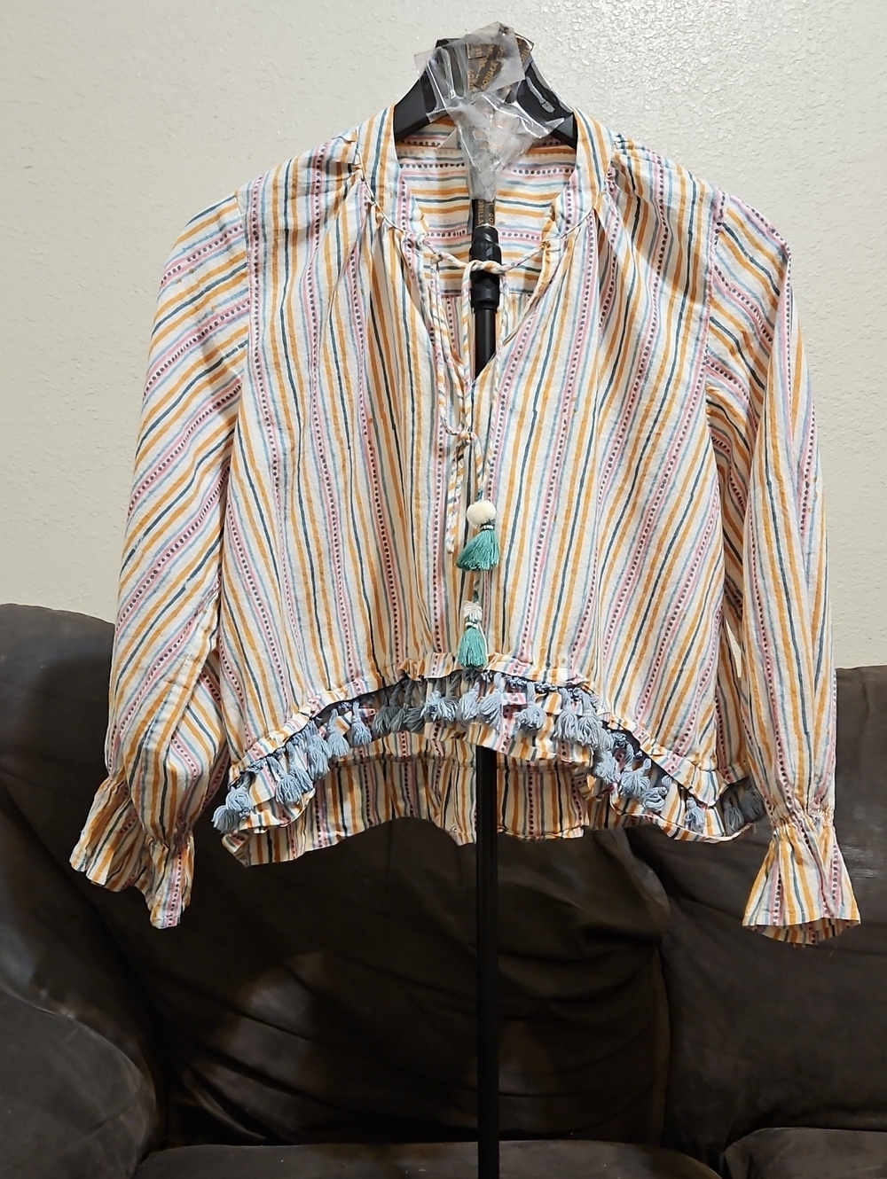 Striped Tassel Ruffle Blouse in Multicolor